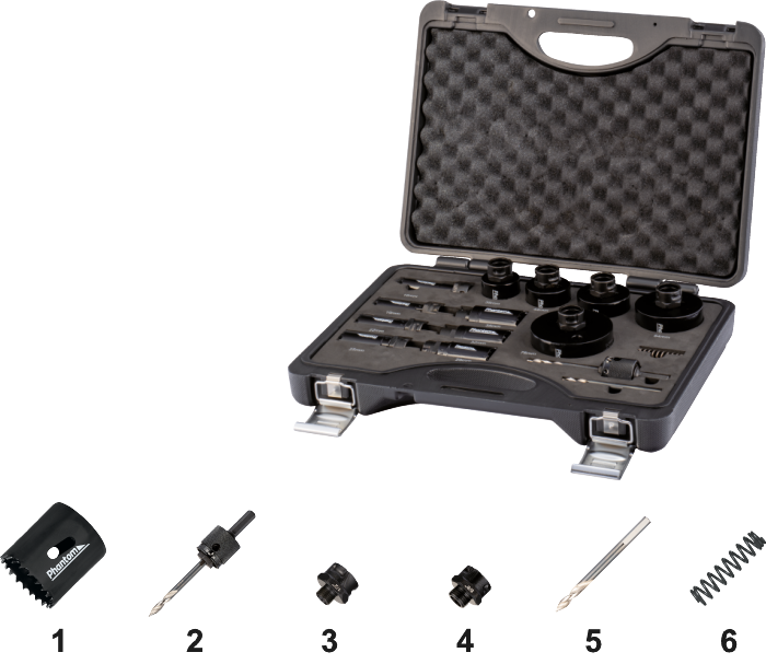 Phantom HSS-Co 8% Bi-Metaal Set Gatzagen voor dunne plaat en buizen, 61.110, met Universele Quick-Change houder en adapters