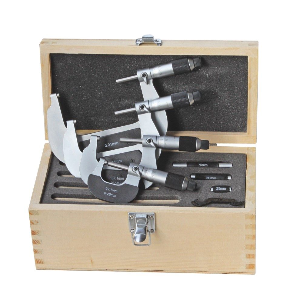 Precisie micromet. in 4-dlg set 0-100mm 0,01mm met frictieratel in houten kist-0