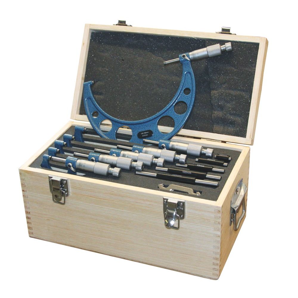 Analoge micrometers in 6-dlg set 0-150mm 0,01mm met HM meetpunten in houten kist-0