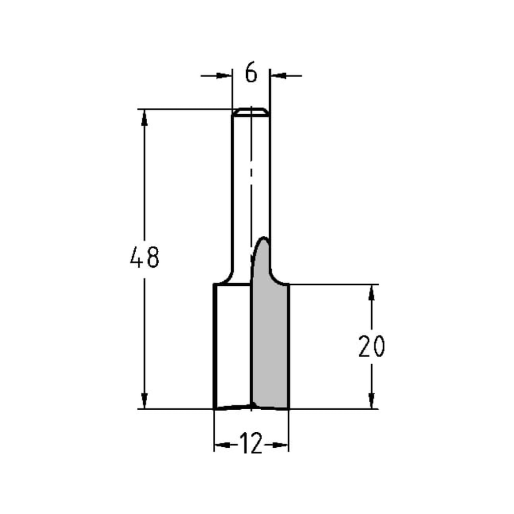 GROEFFREES Ø 12 X 20 MM, TL=48 MM, S=6 MM, HW