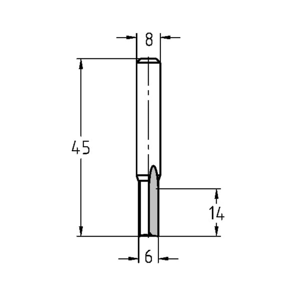 GROEFFREES KORT Ø 6 X 14 MM, TL=45 MM, S=8 MM, HW