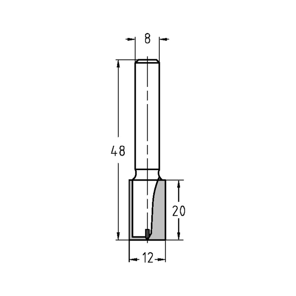 GROEFFREES KORT Ø 12 X 20 MM, TL=48 MM, S=8 MM, HW