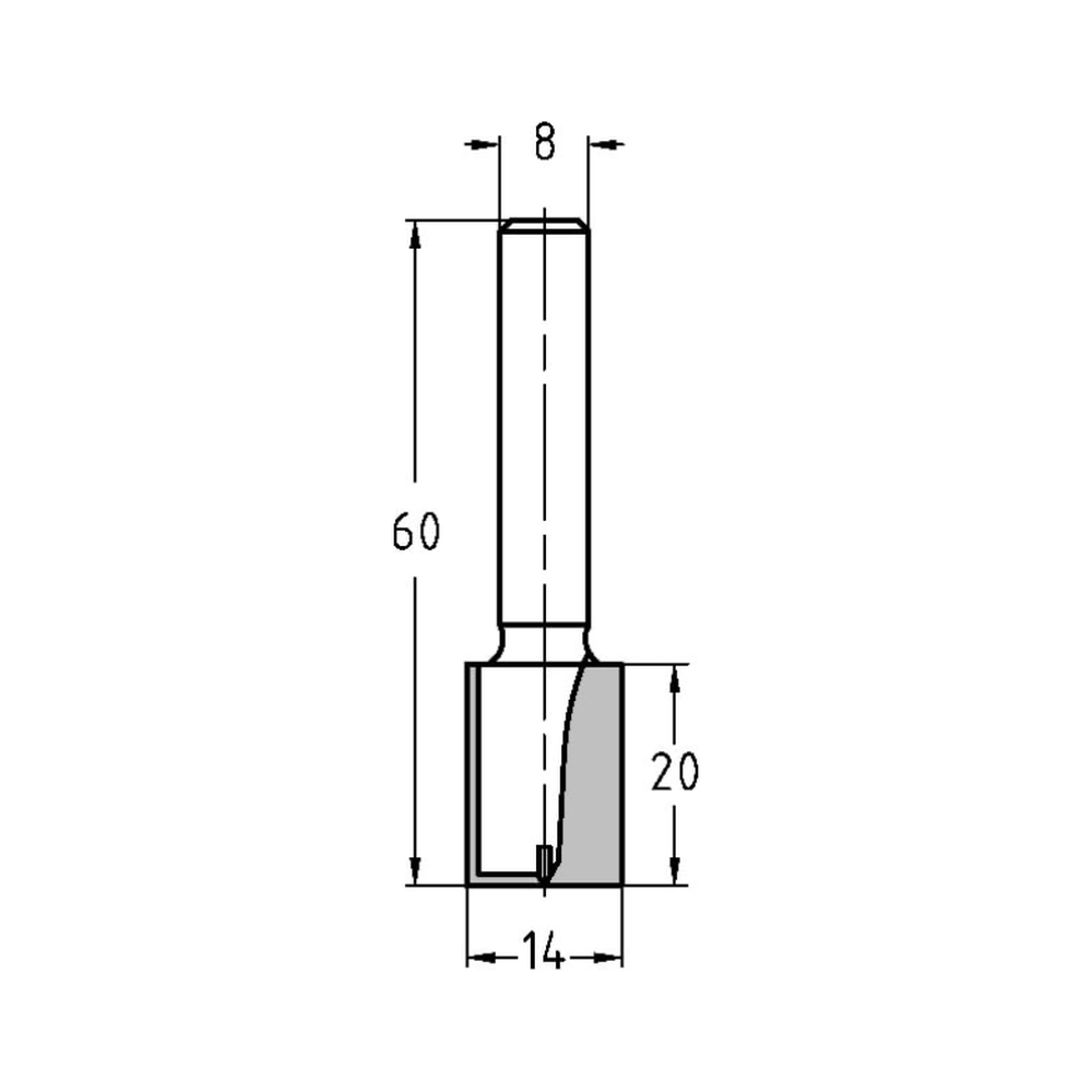GROEFFREES Ø 14 X 20 MM, TL=60 MM, S=8 MM, HW