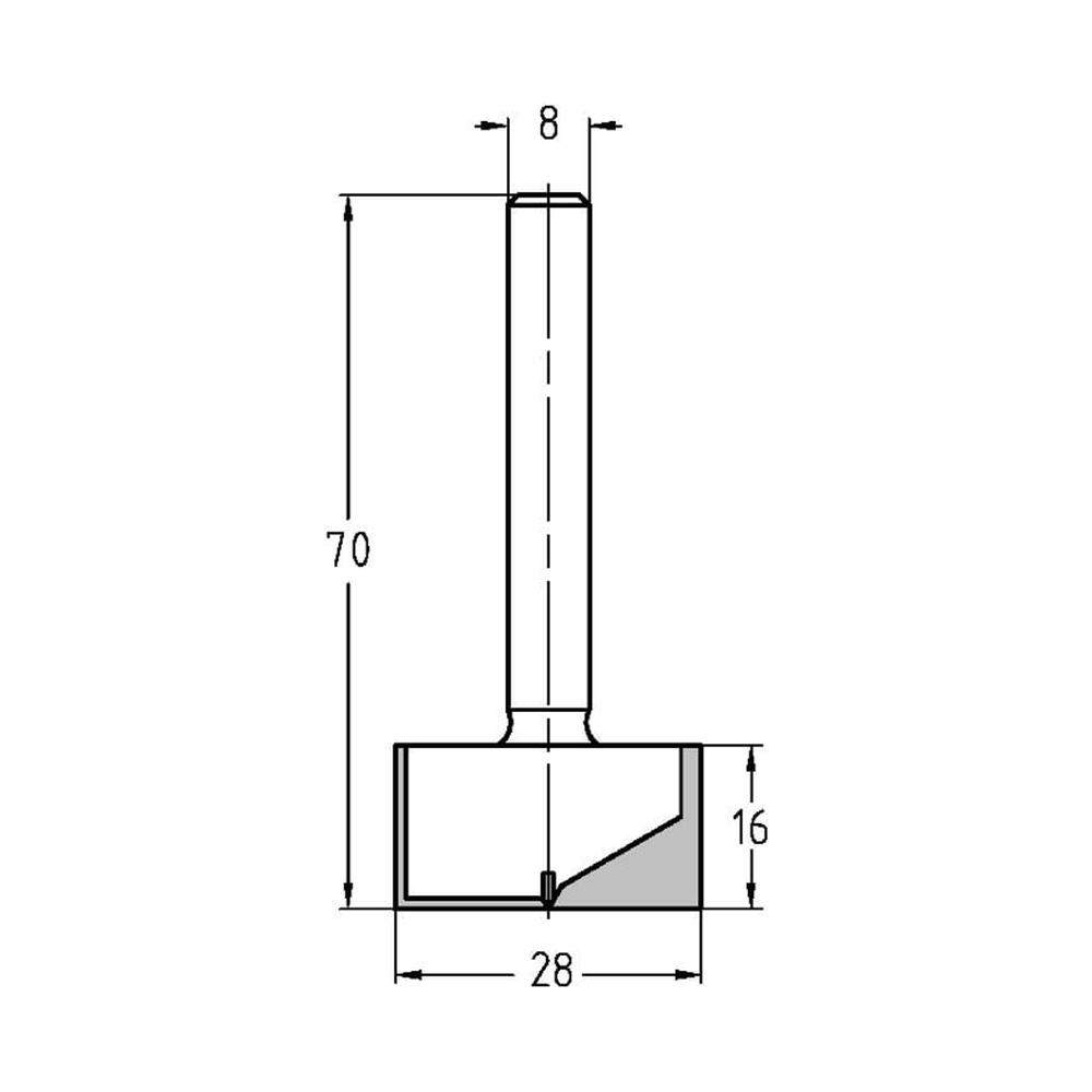 GROEFFREES Ø 28 X 16 MM, TL=70 MM, S=8 MM, HW