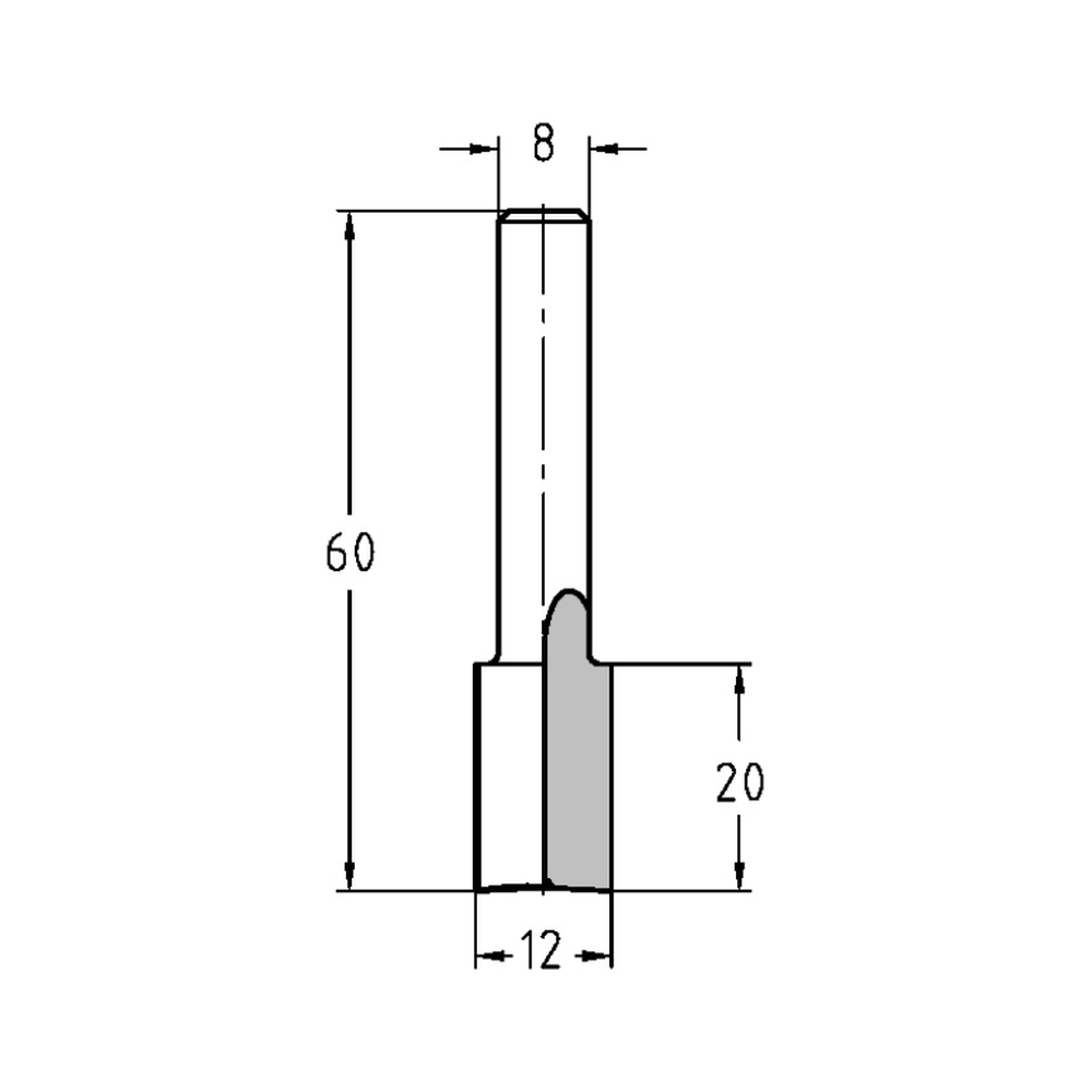 GROEFFREES Ø 12 X 20 MM, TL=60 MM, S=8 MM, HS