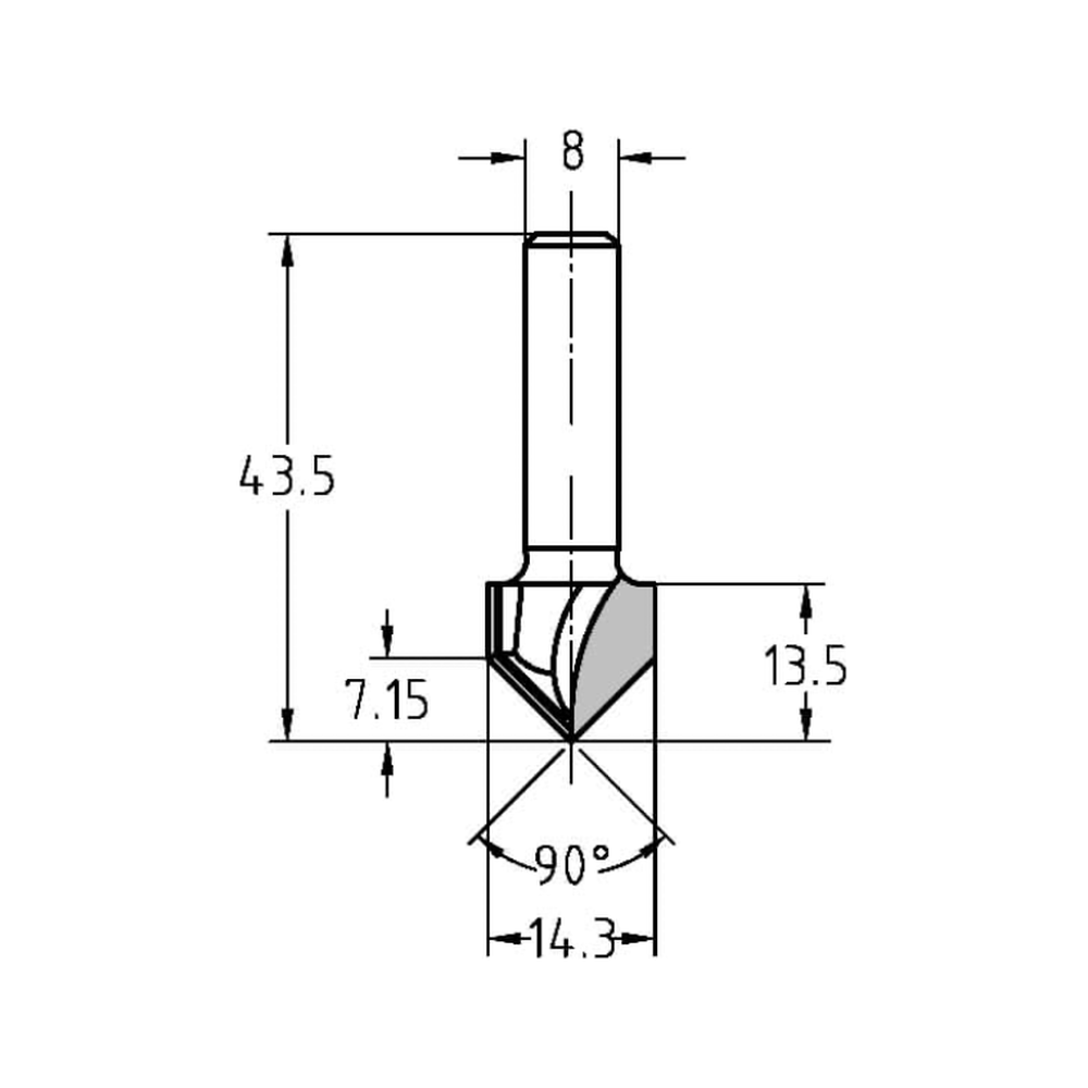 V-GROEFFREES 90°, D=14 MM, S=8 MM, HW, Z=2