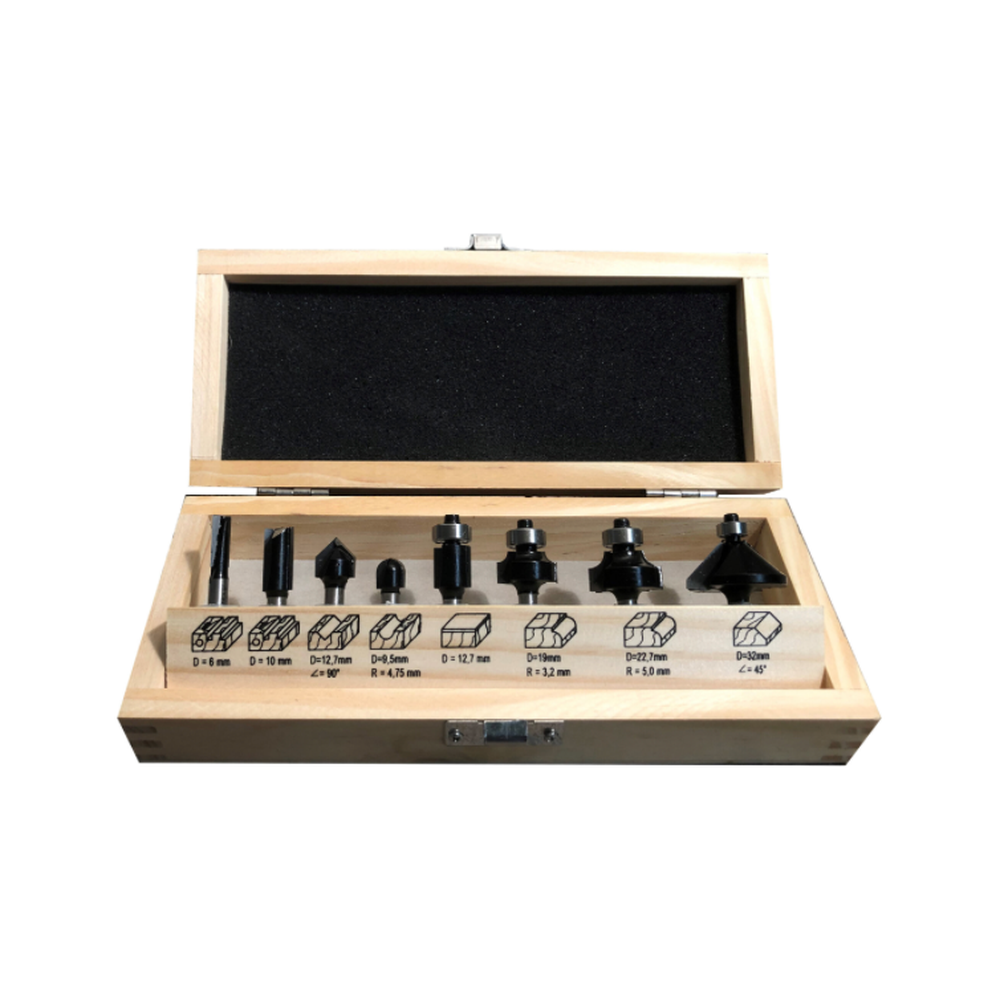 FREZEN IN HOUTEN KIST, 8-DELIGE SET, SCHACHT 6 MM, HW