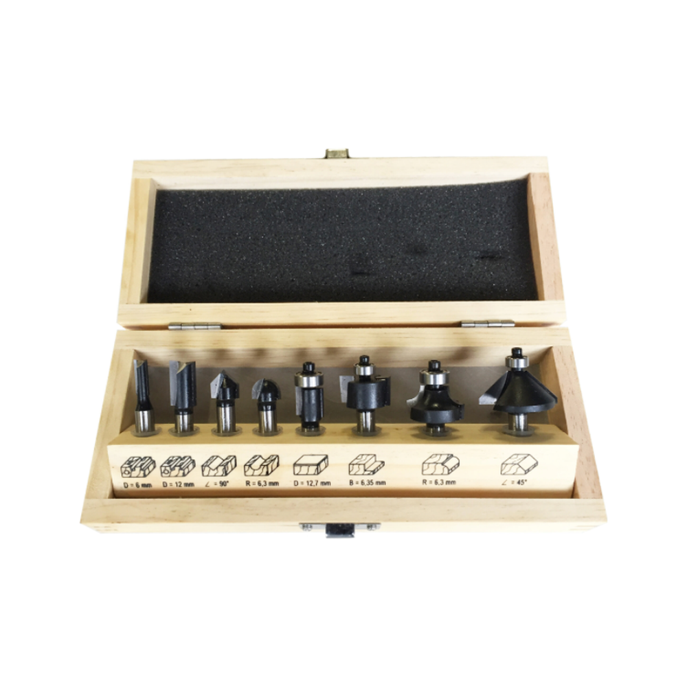 FREZEN IN HOUTEN KIST, 8-DELIGE SET, SCHACHT 8 MM, HW