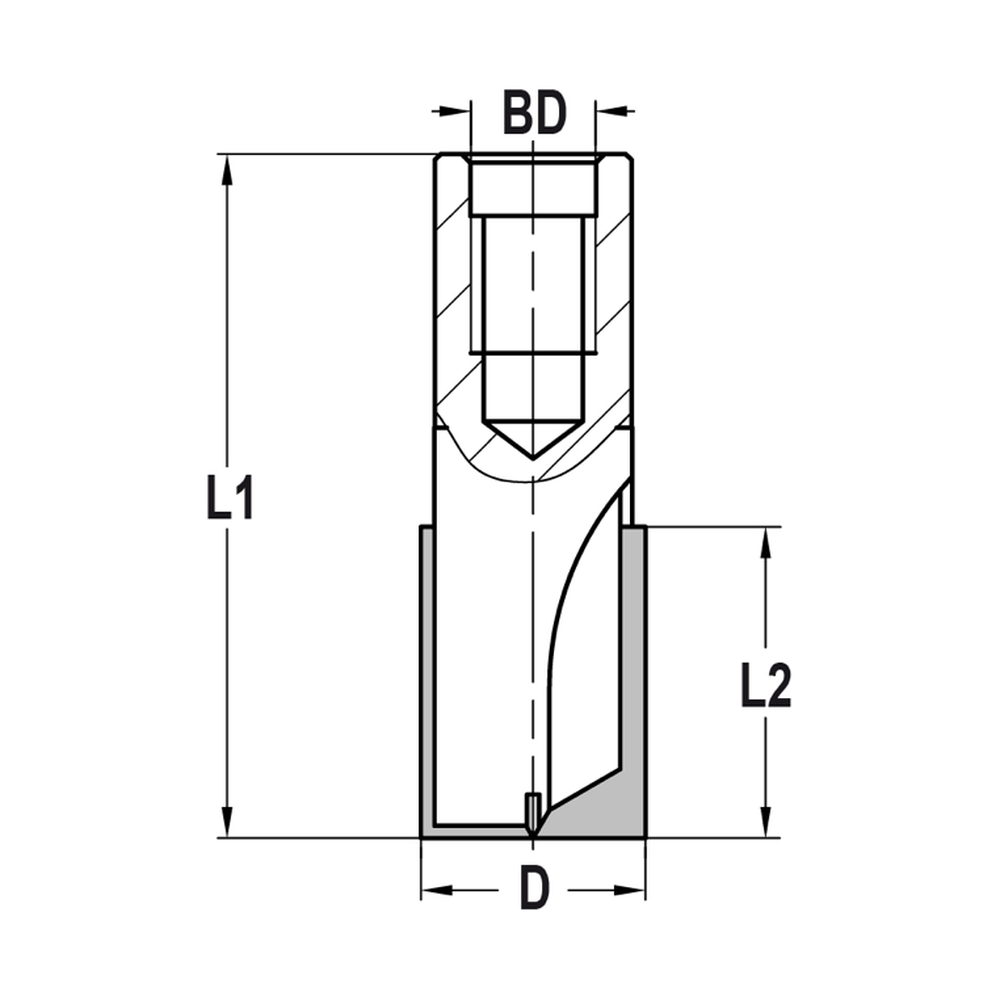 GROEFFREES Ø 10 X 23 MM, TL=55 MM, BINNENDRAAD M10, HW Zij- en onderkant snijdend, onderkant ingelegd HW