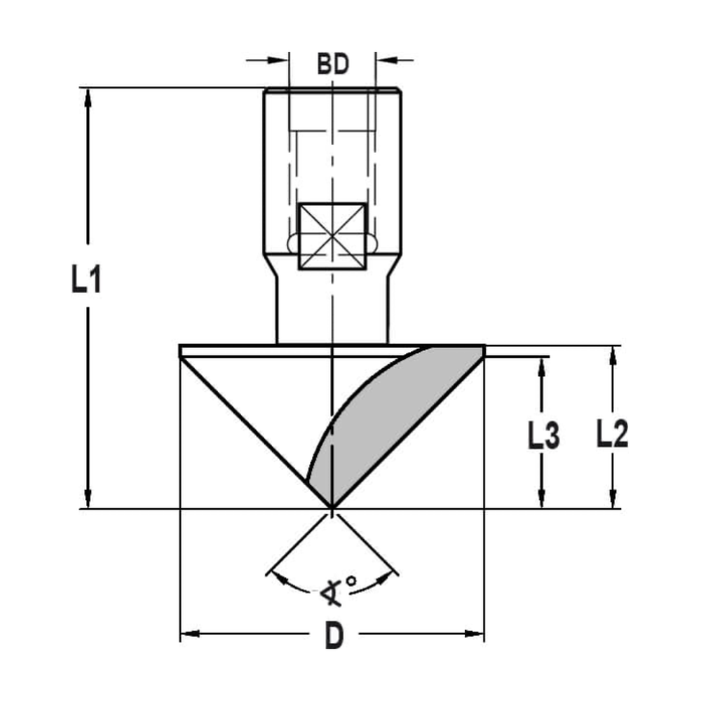 V-GROEFFREES 90°, D=40 MM, BINNENDRAAD M10, HW, Z=1 Wisselschacht uitvoering