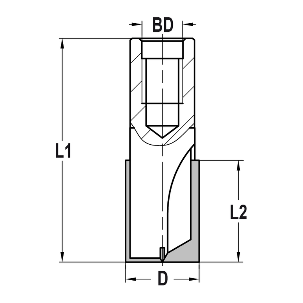 GROEFFREES Ø 15 X 45 MM, TL=77 MM, BINNENDRAAD M12, HW Zij- en onderkant snijdend, onderkant ingelegd HW