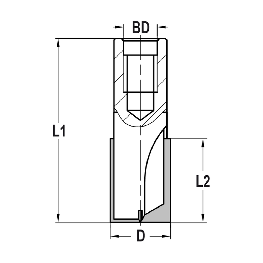 GROEFFREES Ø 16 X 45 MM, TL=77 MM, BINNENDRAAD M12, HW Zij- en onderkant snijdend, onderkant ingelegd HW