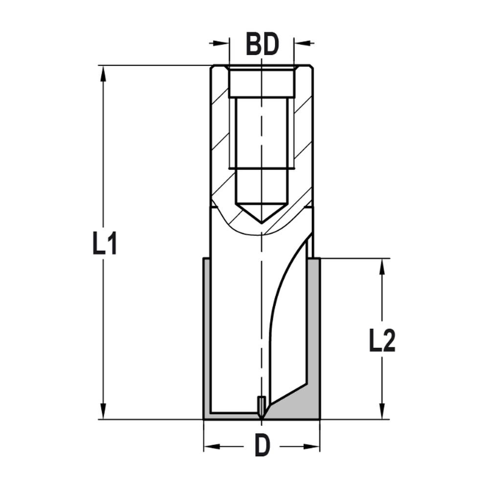 GROEFFREES Ø 20 X 25 MM, TL=60 MM, BINNENDRAAD M12, HW Zij- en onderkant snijdend, onderkant ingelegd HW