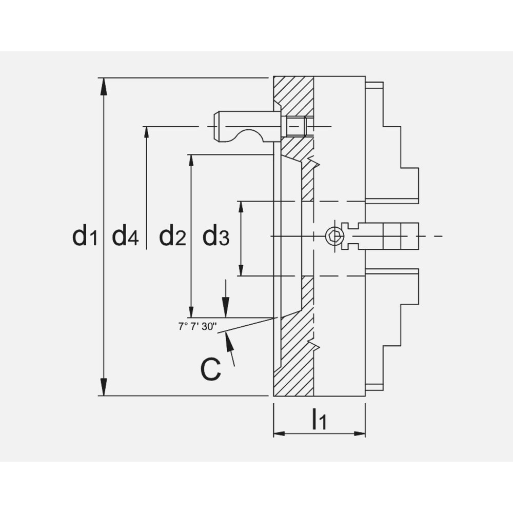 Bison ISO 702-2 (DIN 55029) Camlock, Onafhankelijke Vier-Klauwplaat, gietijzer, type 4344