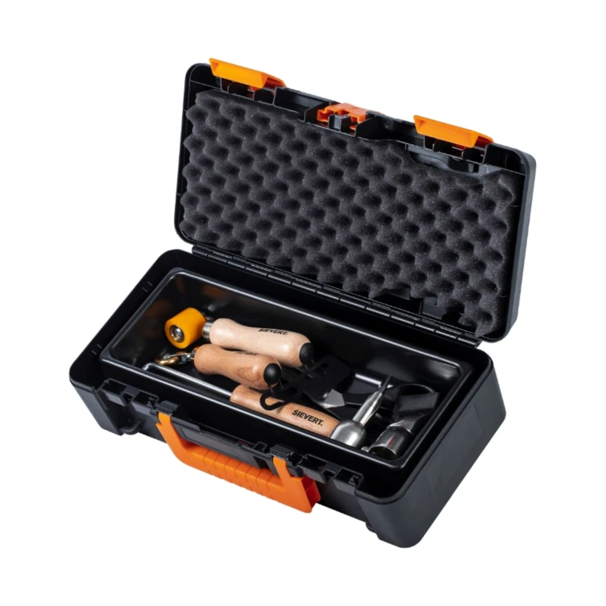 Sievert hot air accessories kit in black Powercase with wooden tools for thermoplastic membrane processing.