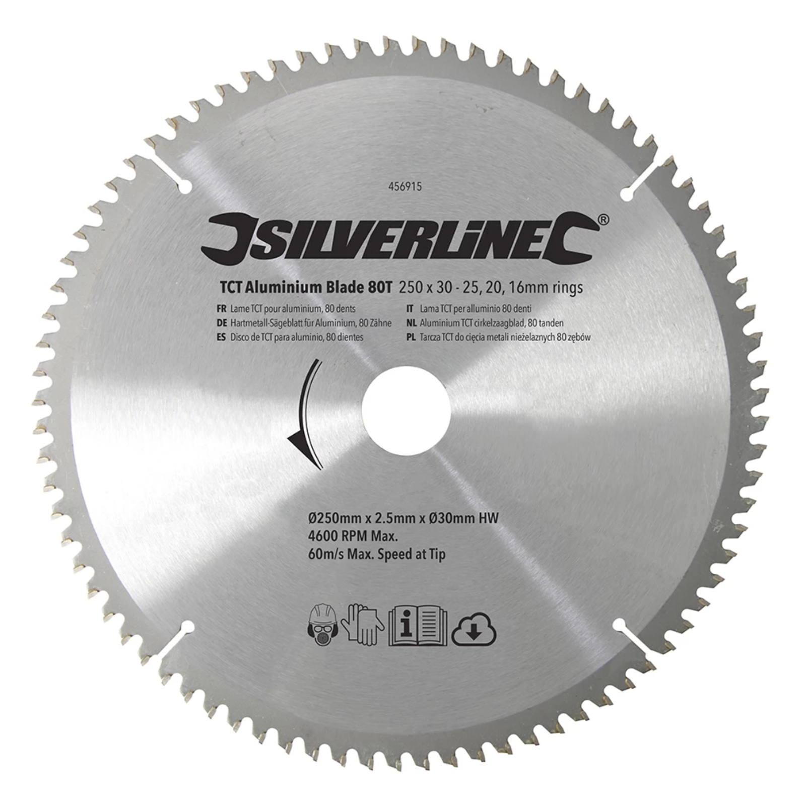 Silverline - Aluminium TCT cirkelzaagblad, 80 tanden 250 x 30 - 25, 20 en 16 mm ringen