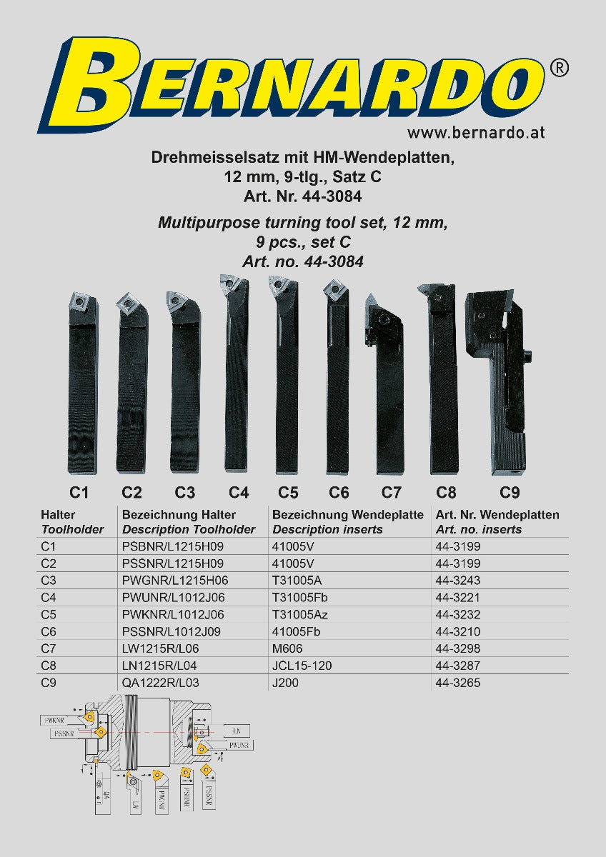 Bernardo Draaibeitelset C, HM-wisselplaten, 12mm, 9-delig - afbeelding 3