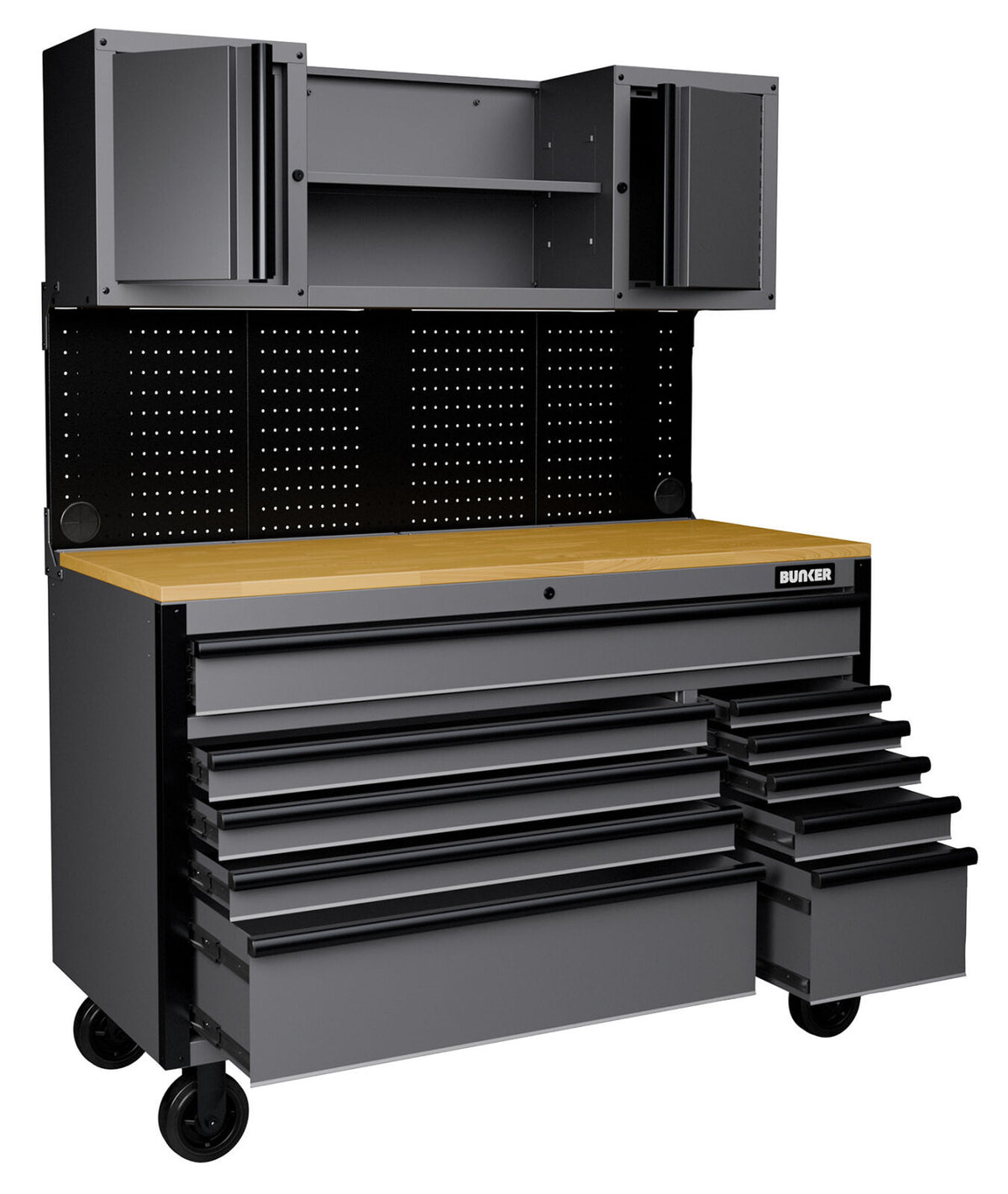 BUNKER Gereedschapswagen/werkbank met achterwand, 142cm, lichtgrijs