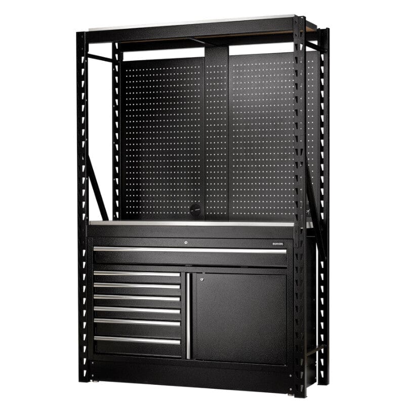 BUNKER opbergrek met geperforeerde achterwand en 2 vloerkasten – 1500×520×2210 mmBunkerMZS Gereedschap