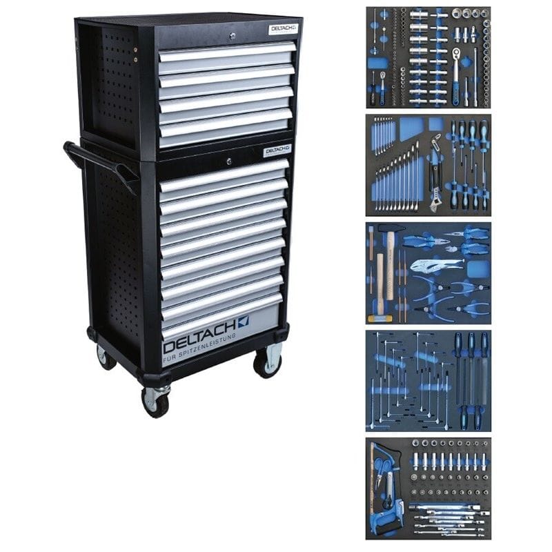Gereedschapswagen D2 - COMPACT + topkoffer, 5 laden gevuld in FOAM, 214dlgDeltachMZS Gereedschap