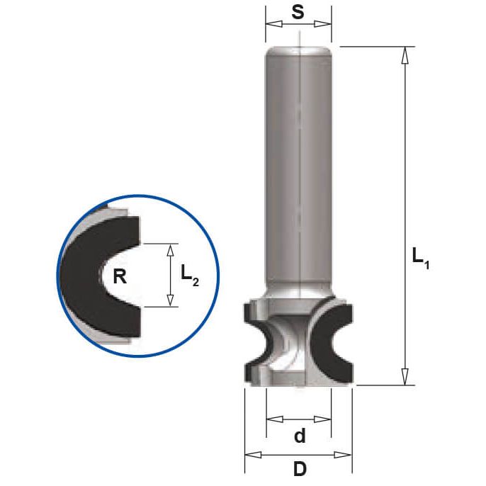 Diamant Afrondfrees R=6 mm, L2=21,9 mm, TL=82 mm, S=25 mm, Z=2, DP