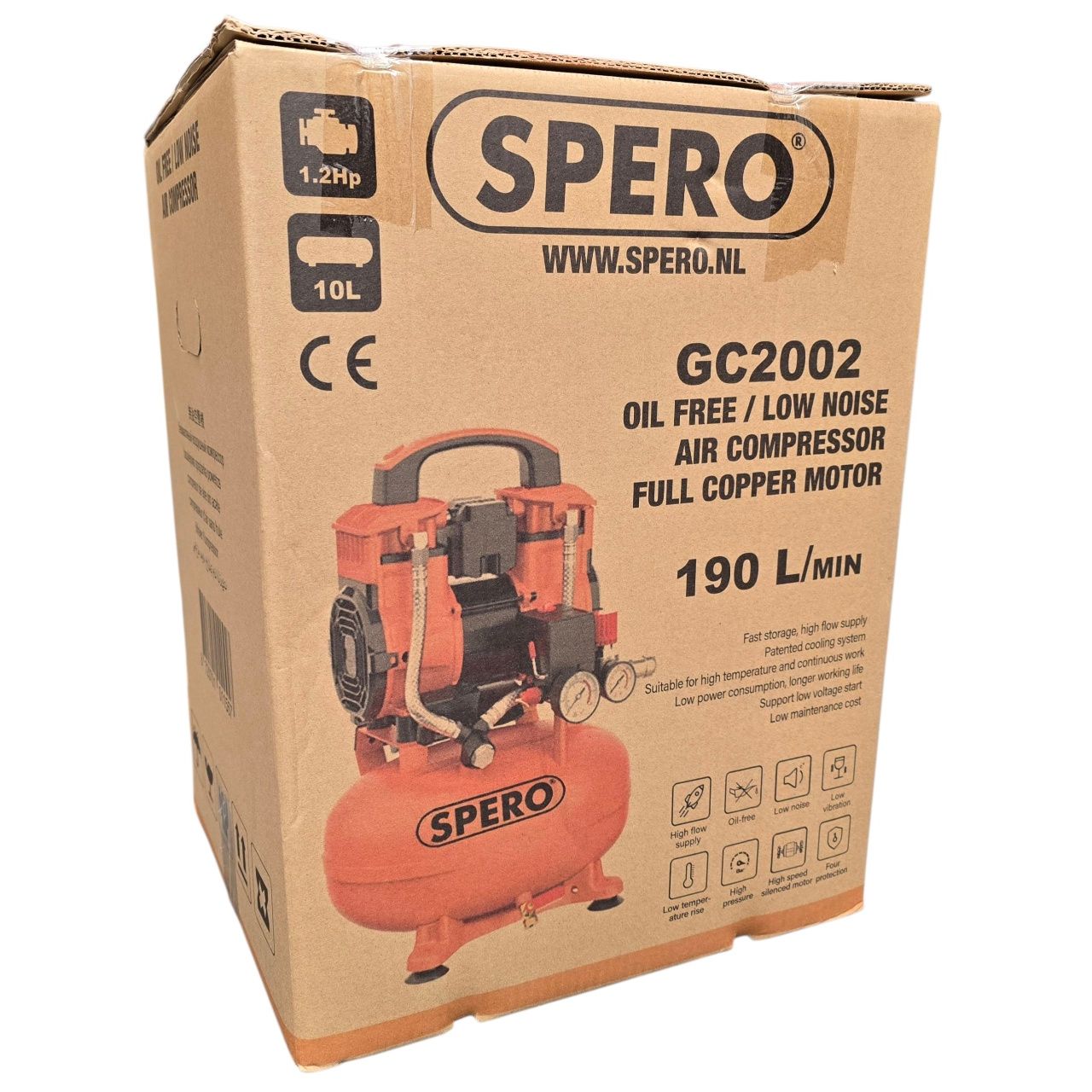 10Ltr -1180W-1.5PK HIGH SPEED 190 L/min Olievrije Silent Compressor 2800T/min 65dB SPERO - 9Bar