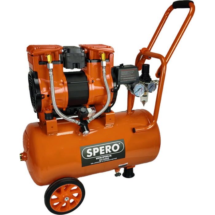 24Ltr - 1480W-2PK HIGH SPEED 250 L/min Olievrije Silent Compressor 2800T/min 65dB SPERO - 9Bar