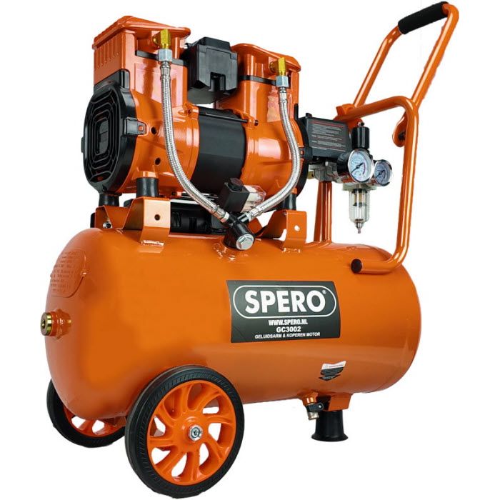 24Ltr - 1480W-2PK HIGH SPEED 250 L/min Olievrije Silent Compressor 2800T/min 65dB SPERO - 9Bar