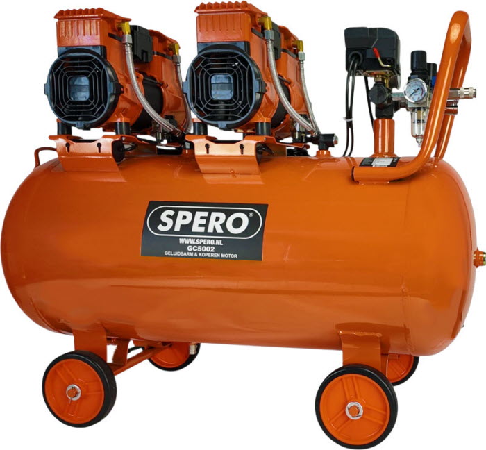 100Ltr - 2960W-4PK HIGH SPEED 500 L/min Olievrije Silent Compressor 2800T/minn 68dB SPERO - 9Bar