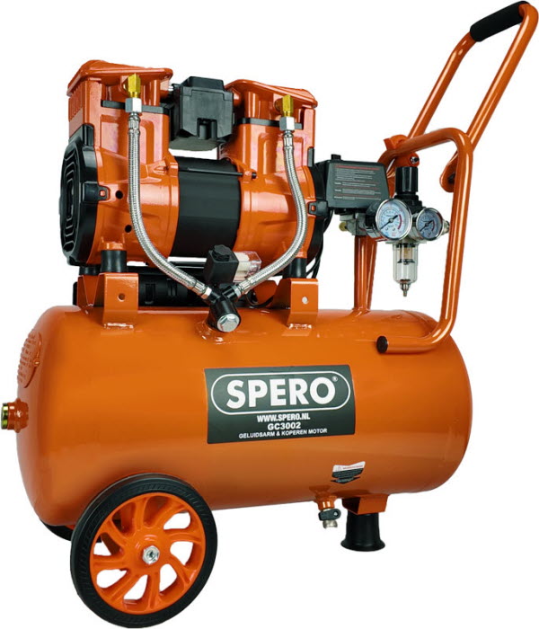 24Ltr - 1480W-2PK HIGH SPEED 250 L/min Olievrije Silent Compressor 2800T/min 65dB SPERO - 9Bar