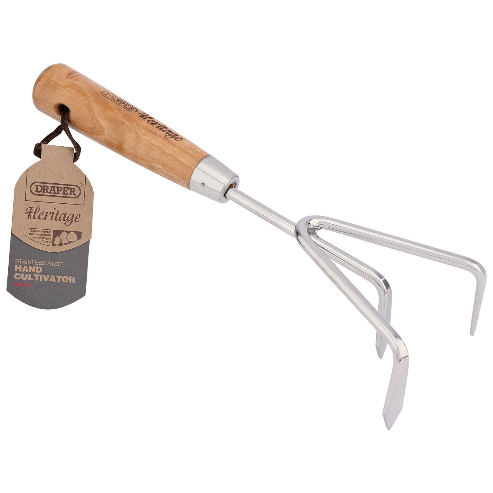 Roestvrijstalen handcultivator met essenhouten handvat