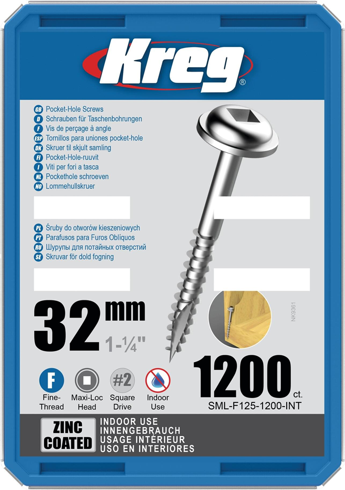 Kreg PH schroeven 32 mm verzinkt Maxi-Loc fijn schroefdraad 1200 stuks