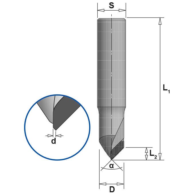 Diamant V-Groef/Graveerfrees 90°, L2=7,5 mm, TL=60 mm, S=12 mm, Z=2, DP