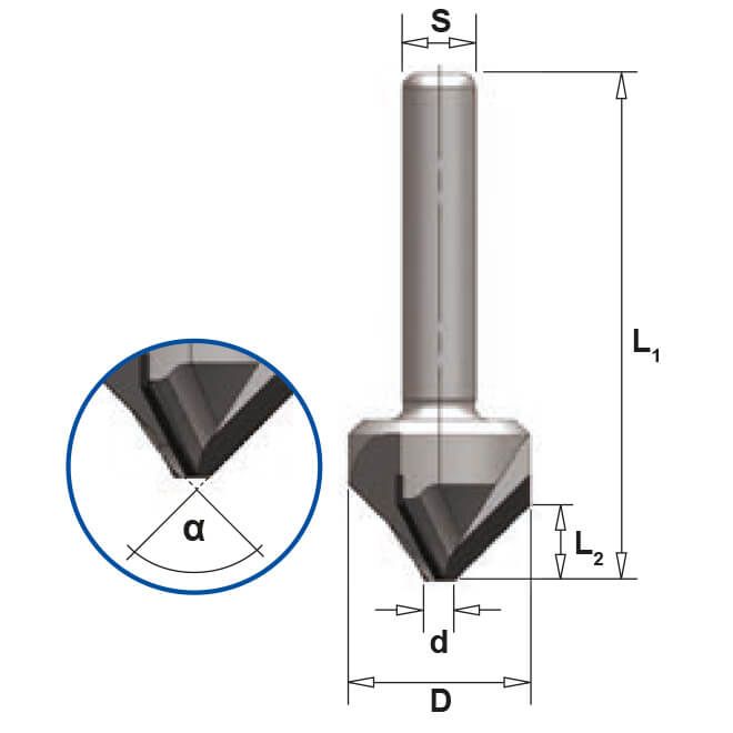 Diamant Verzinker 90°, D=23,5 mm, TL=70 mm, S=10 mm, DP, Z=3