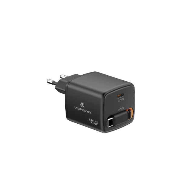 Volkano Sleek USB-oplader – 45 W – USB-C-poort en uittrekbare USB-C-kabel – Zwart