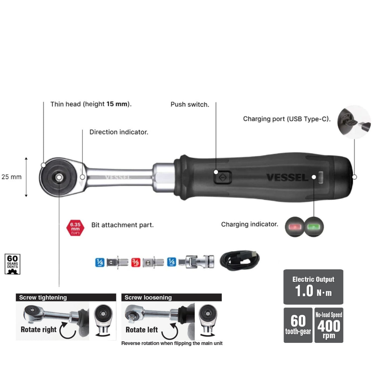 Elektrische miniratel 1/4" + 3/8" e-Assist | Vessel