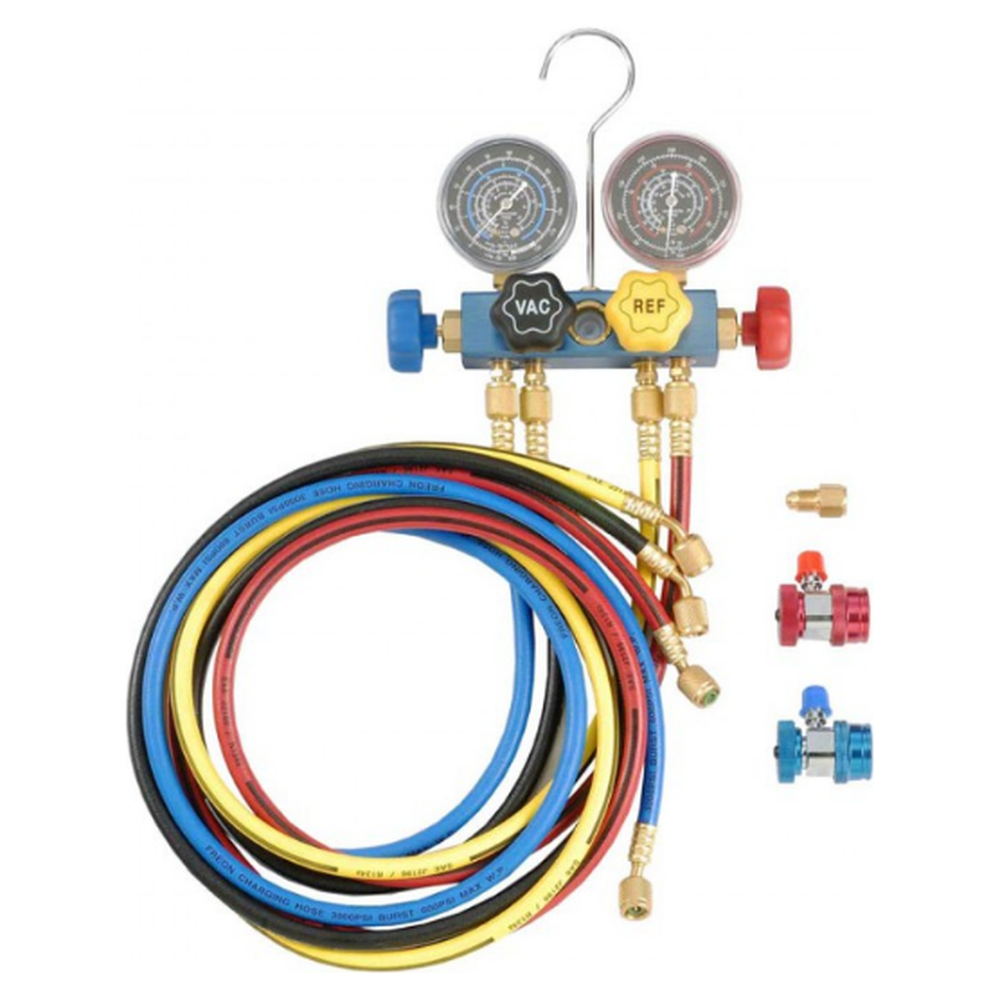 Aluminum 4-way R134a Auto A/C Manifold 80mm Gauge Set (with 60" hose and 2 couplers)