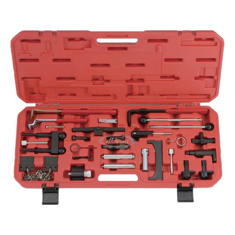 Engine timing tool set in red case for Audi, VW, Seat, and Skoda engine adjustments