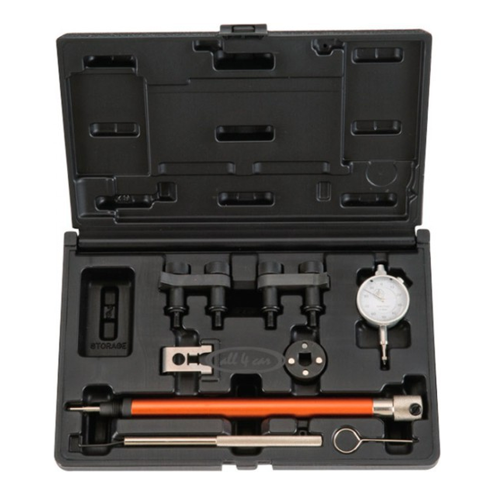 Engine timing tool set in black case for Audi and VW engines with precision measuring gauge and multiple fitting tools.