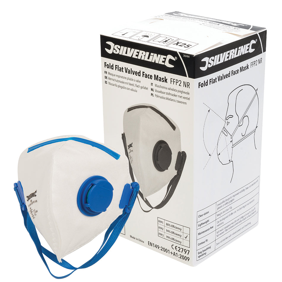 Silverline - Plat Vouwbaar FFP2 stofmasker met ventiel, enkel gebruik displaydoos, 25 pk.