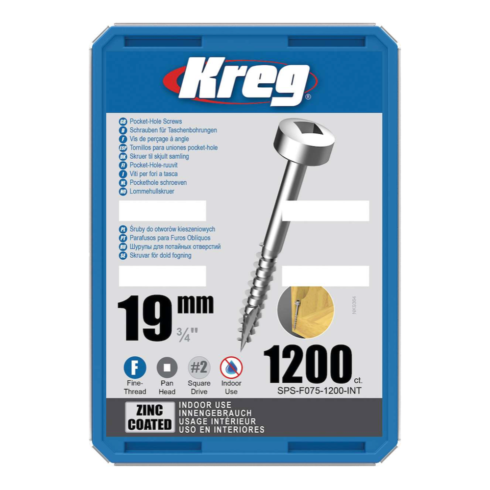 Kreg Pocket-Hole Schrauben 19 mm, Verzinkt, Flachkopf, Feingewinde, 1200 Stück