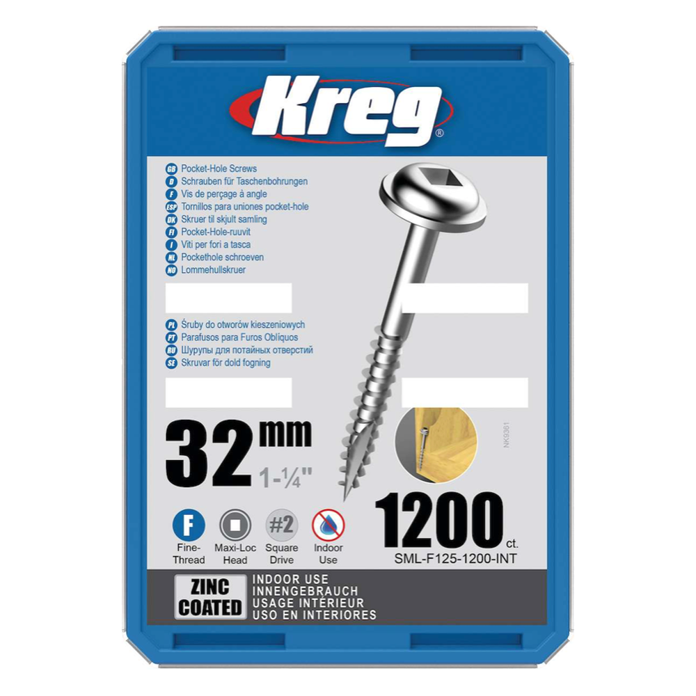 Kreg Pocket-Hole Schrauben 32 mm, Verzinkt, Maxi-Loc, Feingewinde, 1200 Stück