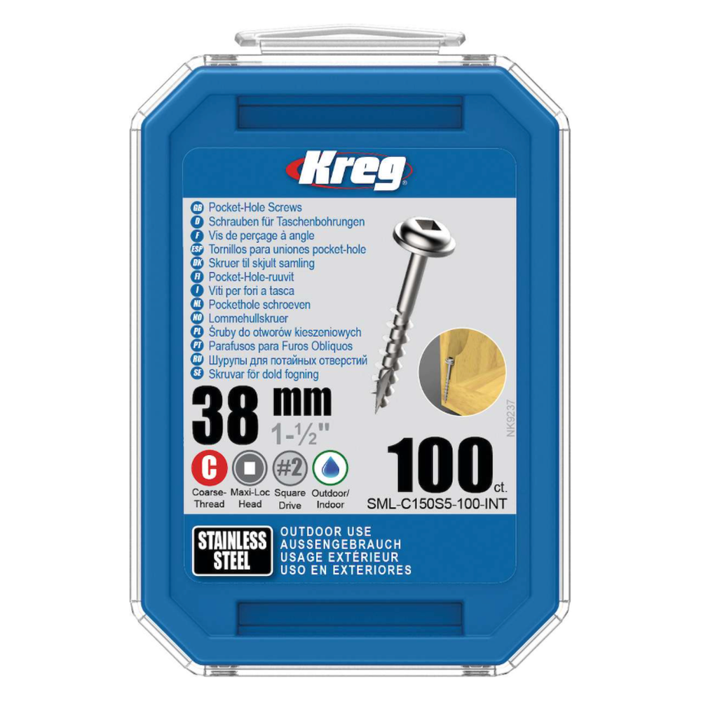 Kreg Pocket-Hole Schrauben 38 mm, Edelstahl, Maxi-Loc, Grobgewinde, 100 Stück