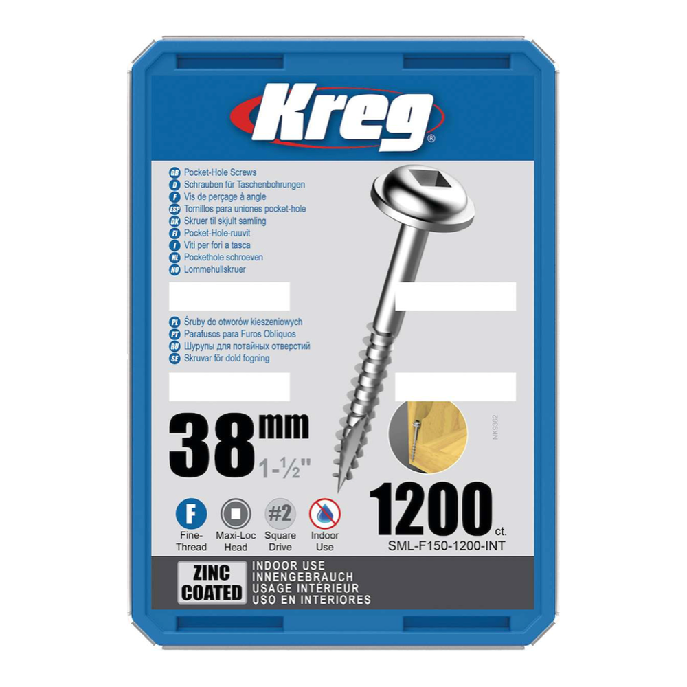 Kreg Pocket-Hole Schrauben 38 mm, Verzinkt, Maxi-Loc, Feingewinde, 1200 Stück
