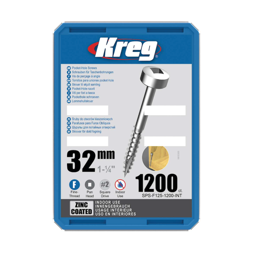 Kreg Pocket-Hole Screws 32 mm, Zinc Coated, Pan-Head, Fine Thread, 1200 piece
