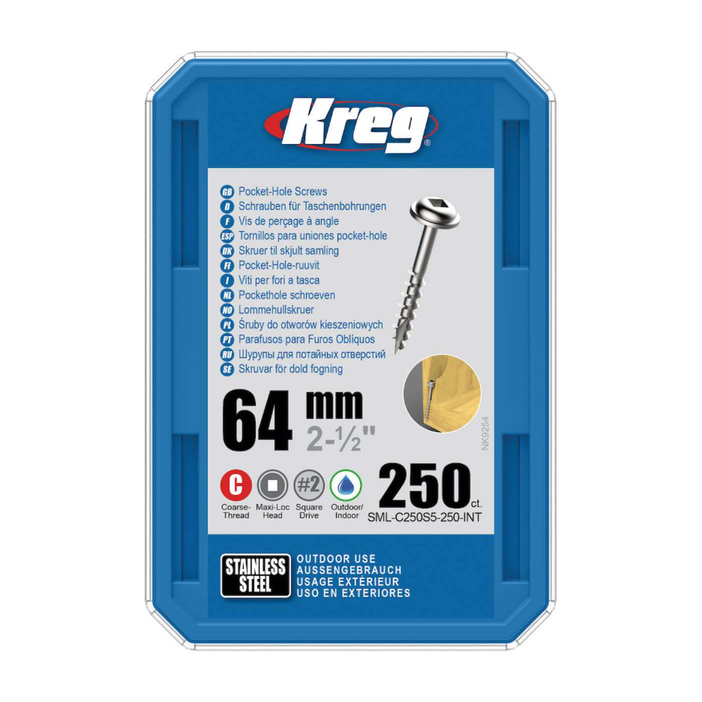Kreg Pocket-Hole Screws 64 mm, Stainless Steel, Maxi-Loc, Coarse Thread, 250 piece