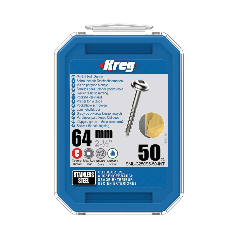 Kreg Pocket-Hole Screws 64 mm, Stainless Steel, Maxi-Loc, Coarse Thread, 50 piece