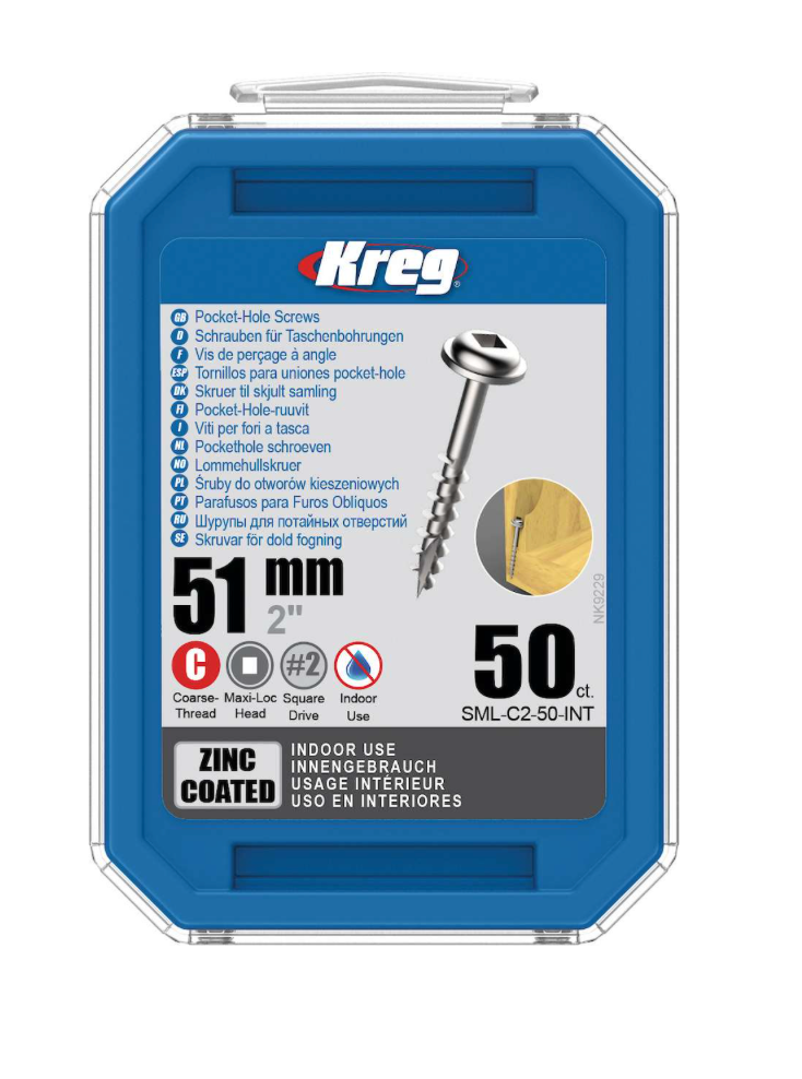 Kreg Pocket-Hole Screws 51 mm, Zinc Coated, Maxi-Loc, Coarse Thread, 50 piece
