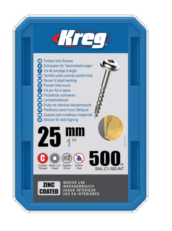 Kreg Pocket-Hole Screws 25 mm, Zinc Coated, Maxi-Loc, Coarse Thread, 500 piece