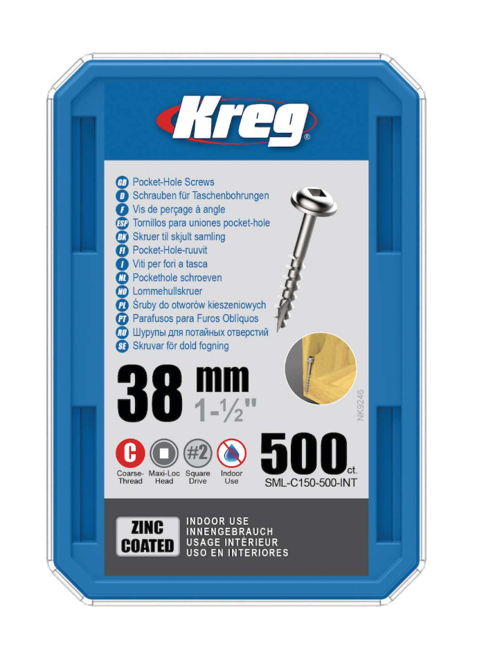Kreg Pocket-Hole Screws 38 mm, Zinc Coated, Maxi-Loc, Coarse Thread, 500 piece